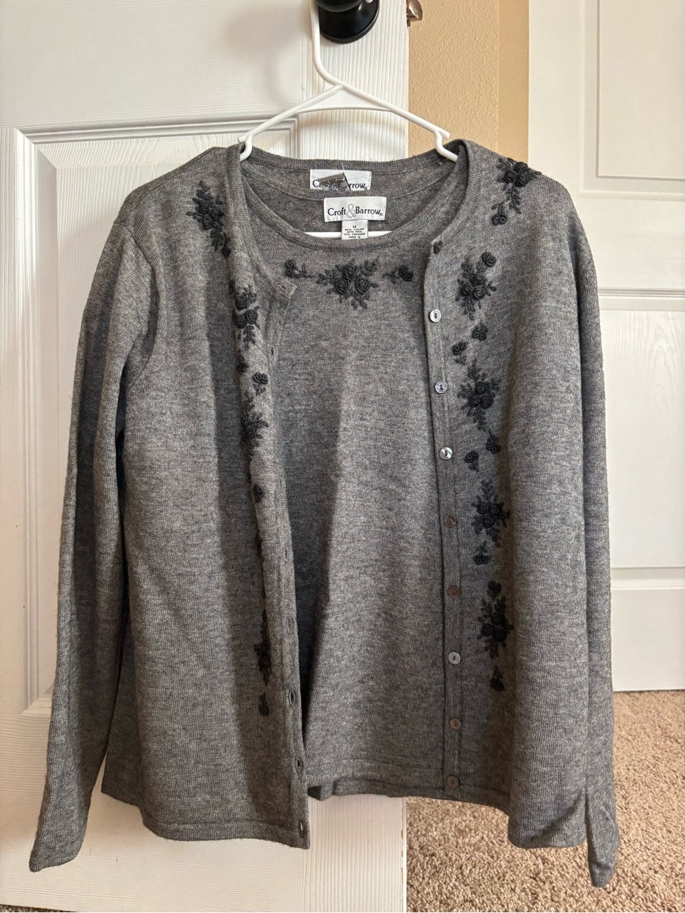 croft & barrow Gray Floral-Embroidered Cardigan and Shell Set